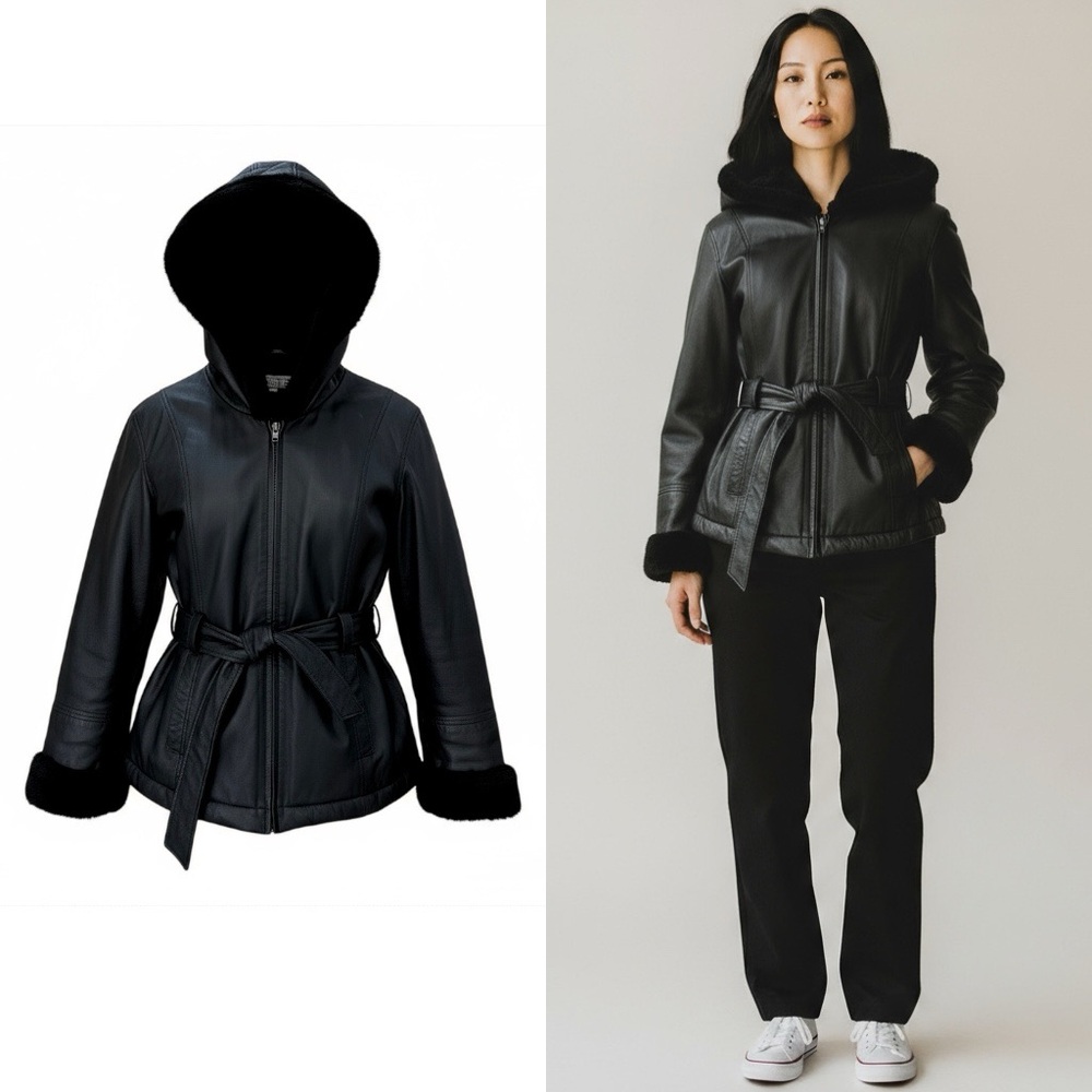 100% Genuine Leather Coat with Faux Fur Interior Women's Black Hooded Jacket - Picture 1 of 8